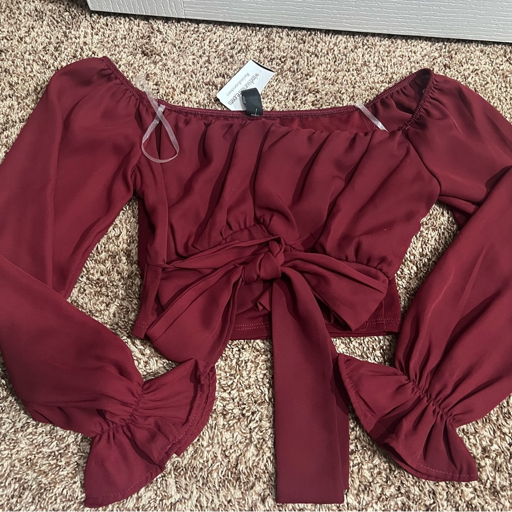 Windsor Red Puff Sleeve Crop Top with Tie Front